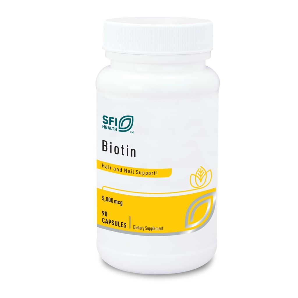 Klaire Labs SFI Health 5000mcg Biotin Pillen - High Potency Biotin Supplement - Vitamin Involviert in Haut und Haarernährung - Corn-Free, Small, Easy-to-Swallow Hypoallergene Pillen (90 Caps)