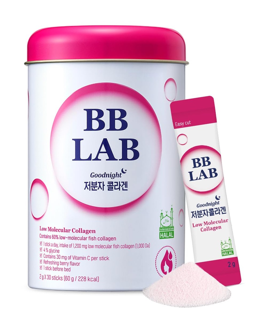 BB LAB Gute Nacht Low Molecular Collagen Powder Stick Supplement, Halal Certified, Korean Marine Collagen, Fish Collagen Peptide, Vitamin C, Glycin, Fast Absorption, Mix Berry Flavor