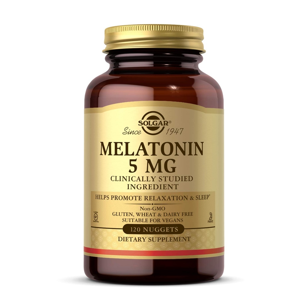 Solgar Melatonin 5 mg, 120 Nuggets - Aide à promouvoir la détente et le repos - Melatonine cliniquement étudiée - Vegan, sans gluten, sans lait, sans casher - 120 portions
