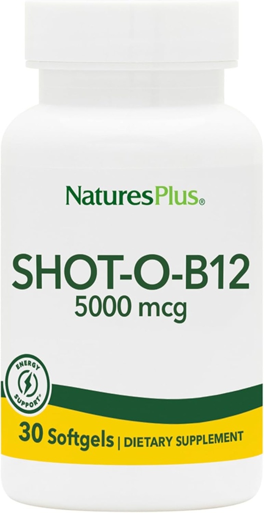 Natures Plus Shot-O-B12 (Cyanocobalamin) - 5000 mcg, 30 Softgels - High Potency, Fast Acting B12 Supplement - Memory & Energy Booster - Glutenfrei - 30 Portionen