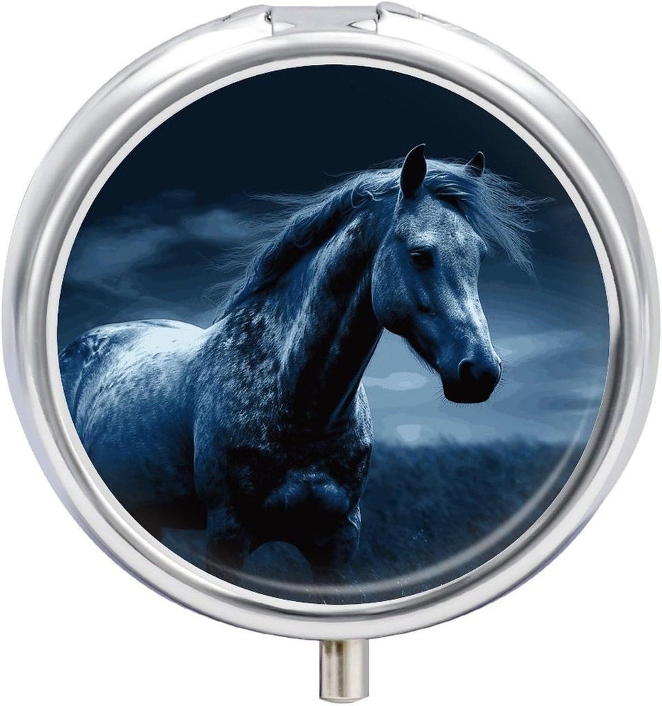 Blue Horse Pill Box 3 Compartment Round Small Pill Case Travel Pillbox for Purse Pocket Metal Medicine Organizer Portable Pill Container Holder to Hold Vitamins Medication Fish Oil and Supplements