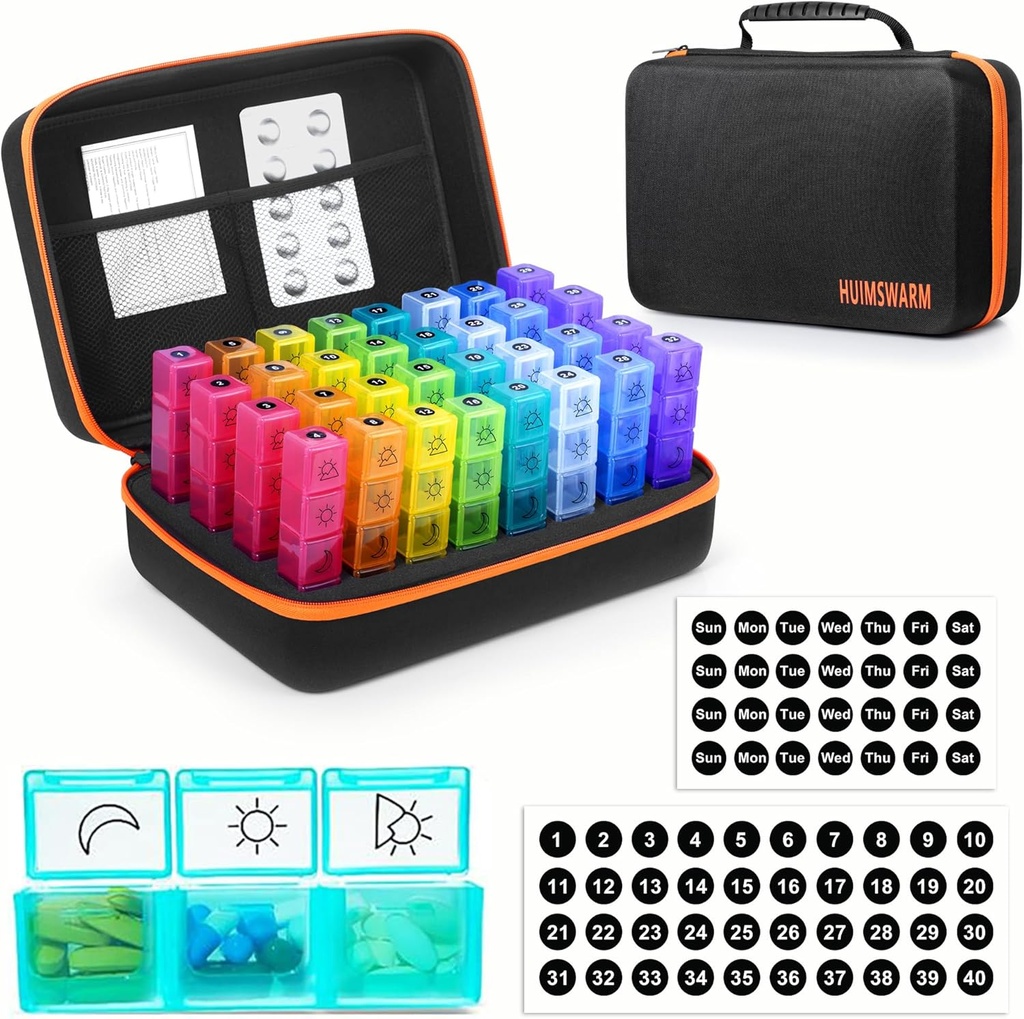 Monthly Pill Organizer 3 Times a Day,Pill Organizer 3 Times a Day with32 Days Sticker&4 Weeks Sticker&32 Daily Compartments, Hold Vitamins,Supplements and Medication.Odorless, Healthy Pill Box
