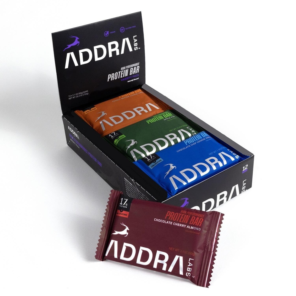 ADDRA Protein Bars - Glutenfreie, hochprotein Muskel-Recovery Bars für Läufer, 17g Protein + 1,5g BCAA Leucine, Low Sugar, Vegan, Plant-Based, & Dairy Flavors, Mixed Case Variety Pack, 12-Pack