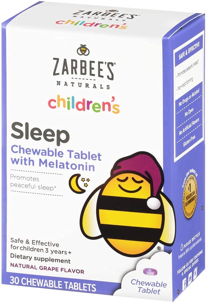 Zarbee's Kids 1mg Melatonine Comprimé à croquer, supplément de sommeil sans médicament et efficace, facile à prendre comprimés naturels de saveur de raisin pour les enfants de 3 ans et plus, 30 comtes