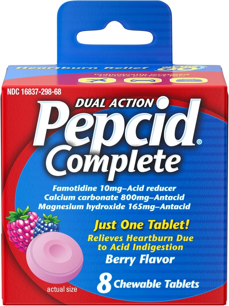 Pepcid Complete Acid Reducer + Antacid for Acid Reflux, 10mg Famotidin, 800mg Calcium Carbonate & 165mg Magnesium Hydroxide per Heartburn Medicine Tablet, Antacid Chews, Berry, 8 ct