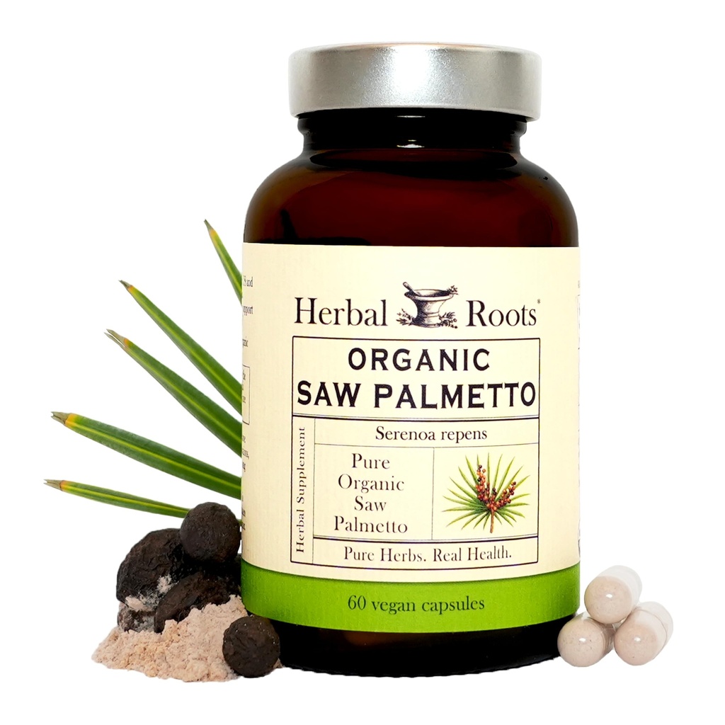Kräuterwurzeln Organic Saw Palmetto Kapseln | 1.000mg pro Servieren | 60 Bio Vegan Kapseln