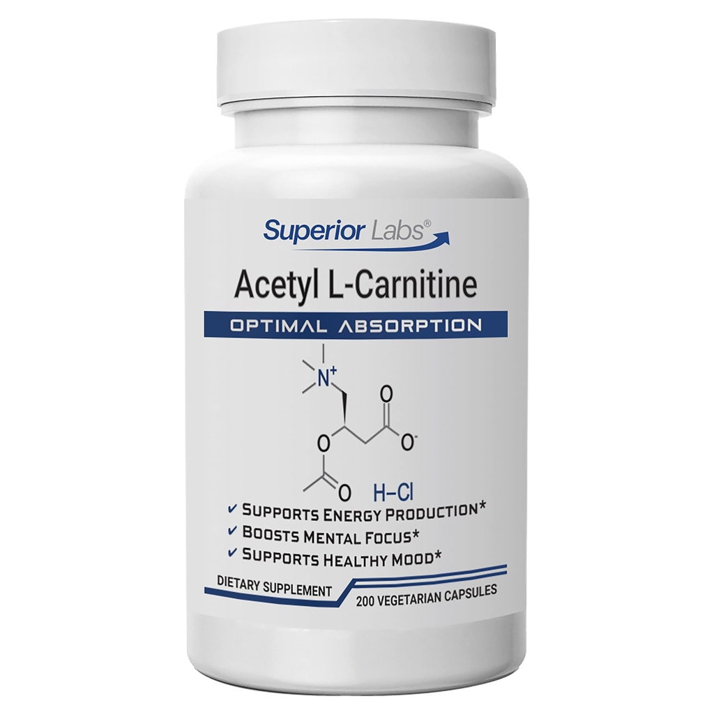 Superior Labs Acetyl L-Carnitin 500 mg, hohe Potenz ALCAR, reines Non-GMO, Zero Synthetic Additives, maximale Absorption, Energie & Fat Metabolism, Gehirn, Nerve & Cellular Detox Support, (200 Veg Caps)
