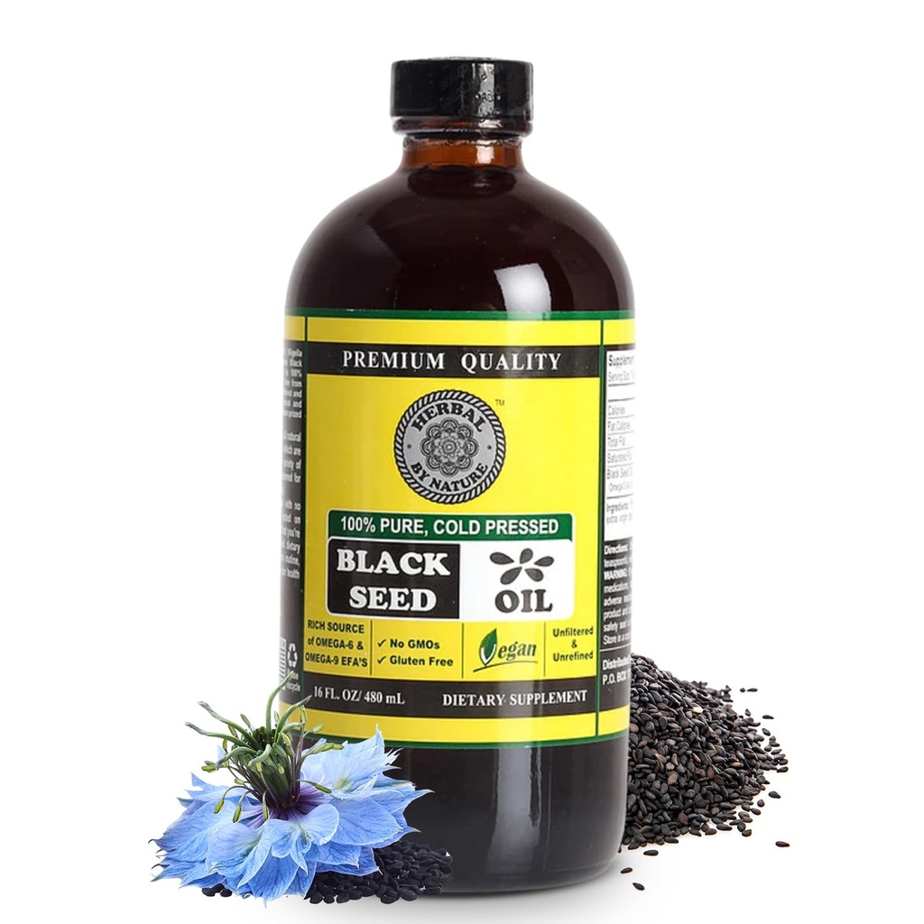 Pure Black Seed Oil - 100% reine Nigella Sativa - kalt gepresst - Vegan - Non GMO - 16 oz - in Glasflasche - Kräuter von Natur