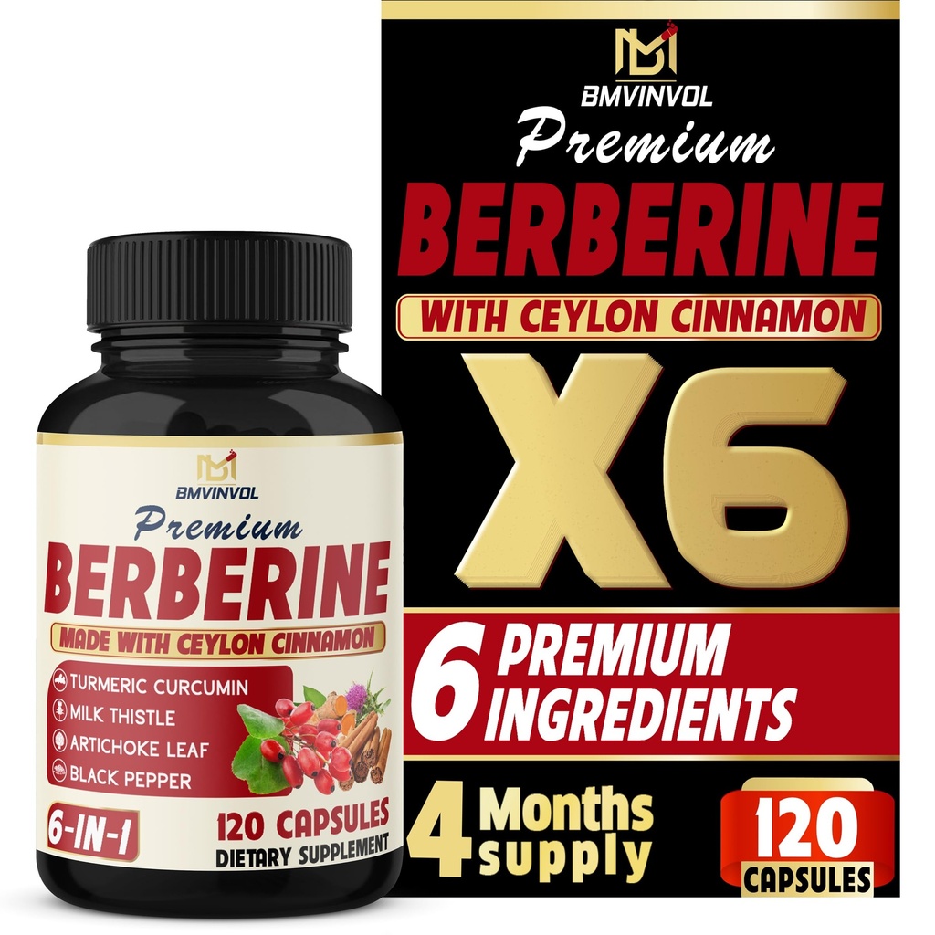 BMVINVOL 6in1 Berberine Ergänzung mit Ceylon Cinnamon, Tumeric Root, Milk Thistle, Artichoke, Black Pepper -120 Kapseln für 4 Monate Versorgung