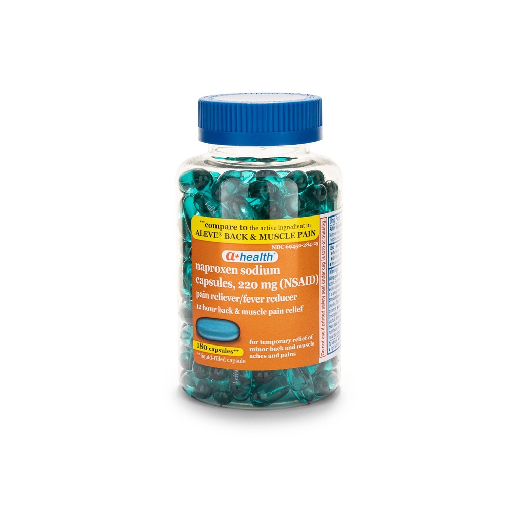 A+Santé Naproxène Sodium 220 Mg Gels liquides Douleurs dorsales et musculaires, analgésique/réducteur de fièvre (AINS), 180 Compte