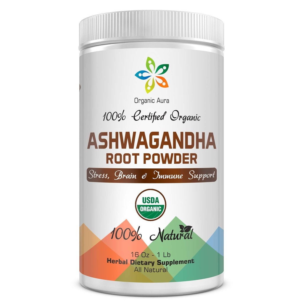 Poudre de racine certifiée biologique Ashwagandha 16Oz -1Lb. Stress naturel, Cerveau et Soutien immunitaire. Améliorer la santé globale. Super nourriture crue. 100% Herbal naturel