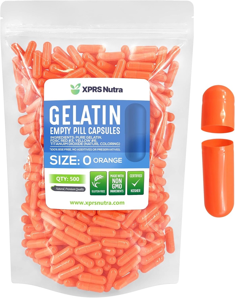 XPRS Nutra Größe 0 Leere Kapseln - 500 Graf Leere Gelatine Kapseln - Pillen DIY Kapsel Füllung - Pure Bovine Pill Gel Kapseln für Do-It-Yourself Ergänzungen (Orange)