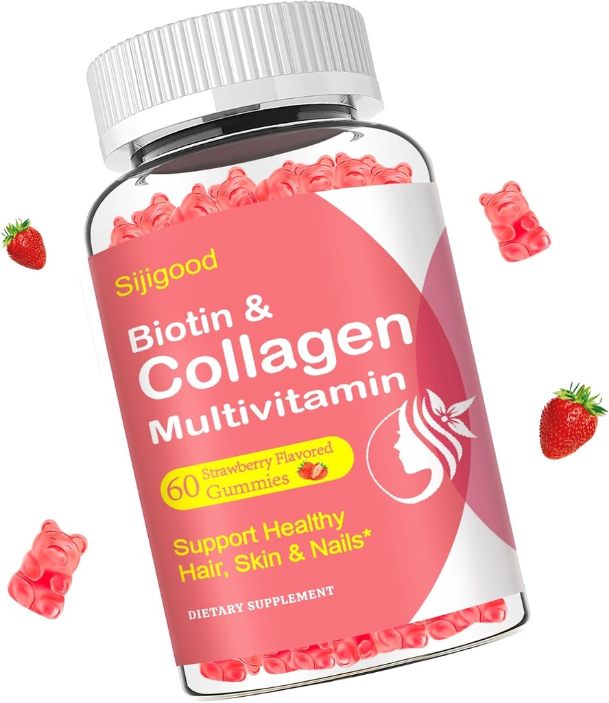 Kollagengummis für Frauen Männer, Frauen über 50, Collagen Peptides Protein Typ I,II,III,V,X mit Biotin Keratin Vitamin C A D E B12 K2 für Haut Haarnägel Immunität Energie 60 Erdbeeren Flavored Gummies