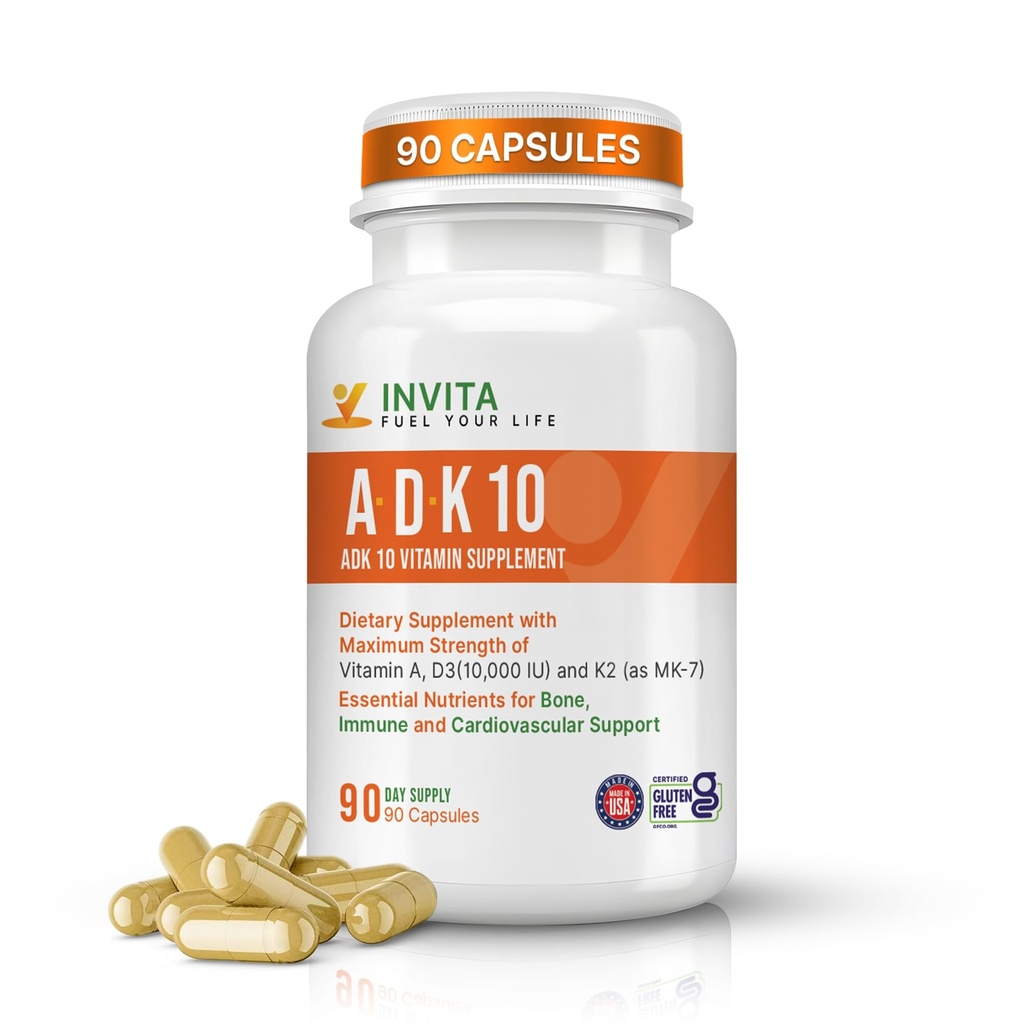 INVITA, ADK Vitamin Supplement (10.000 IU) – ADK 10 Double Strength Vitamin A1, D3 & K2-MK7 – Physician Formuliert für Knochen, Herz- und Immununterstützung – Non-GMO, Glutenfrei, 90 Kapseln (3-Monats-Versorgung)