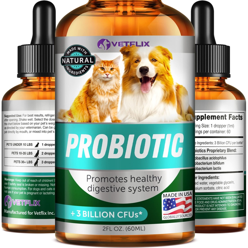 Probiotiques premium pour chiens, chats - Supplément enzymes digestifs et prébiotiques - aide à soulager la diarrhée, les vomissements, l'estomac relevé, le gaz, la constipation et la mauvaise respiration - soutient le système digestif - 2 Fl Oz