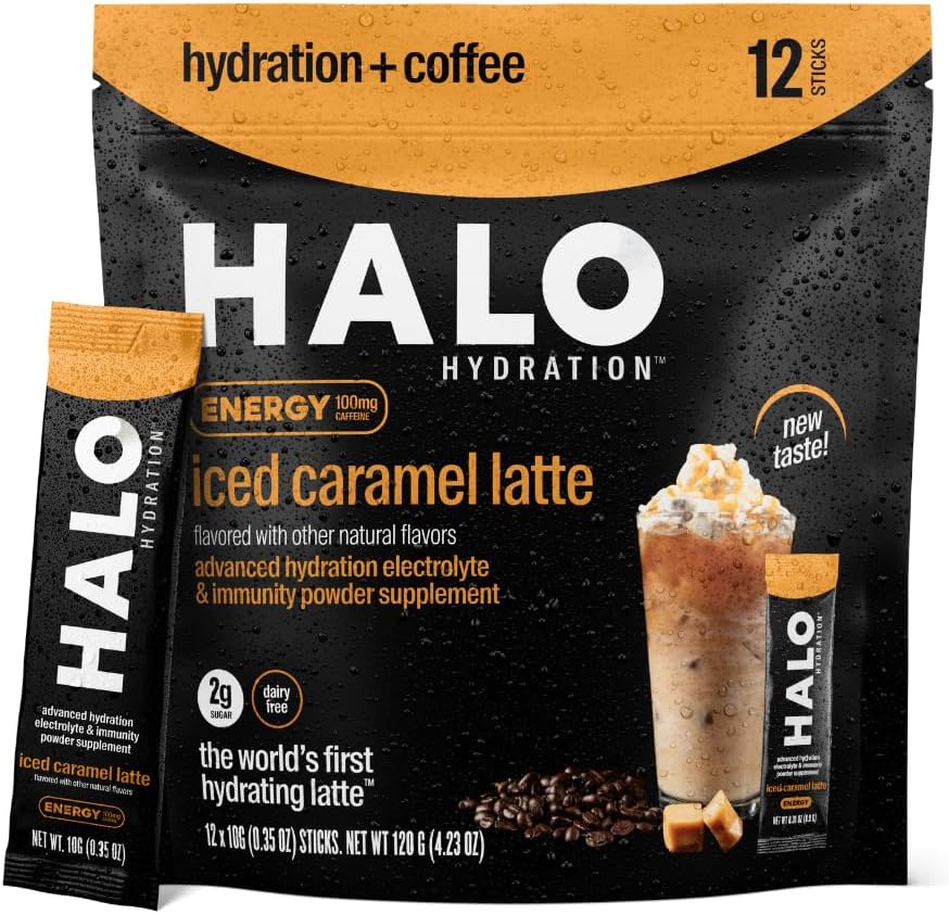 HALO Iced Caramel Latte - Poudre de boisson énergétique – Mélange de café sain pour l'hydratation avec électrolytes, caféine, vitamines et minéraux - 20 Calories - Keto et faible teneur en calories - 1 x 12 bâtons