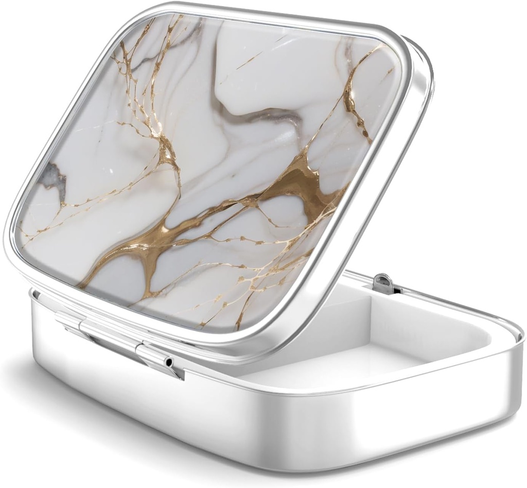 Pille Box 2 Compartment Small Pill Case,Portable für Tasche oder Geldbörse Pille Organizer Pille Container Halter, um Vitamine, Medikamente, Fischöl und Ergänzungen (Gray Marbling Gold)