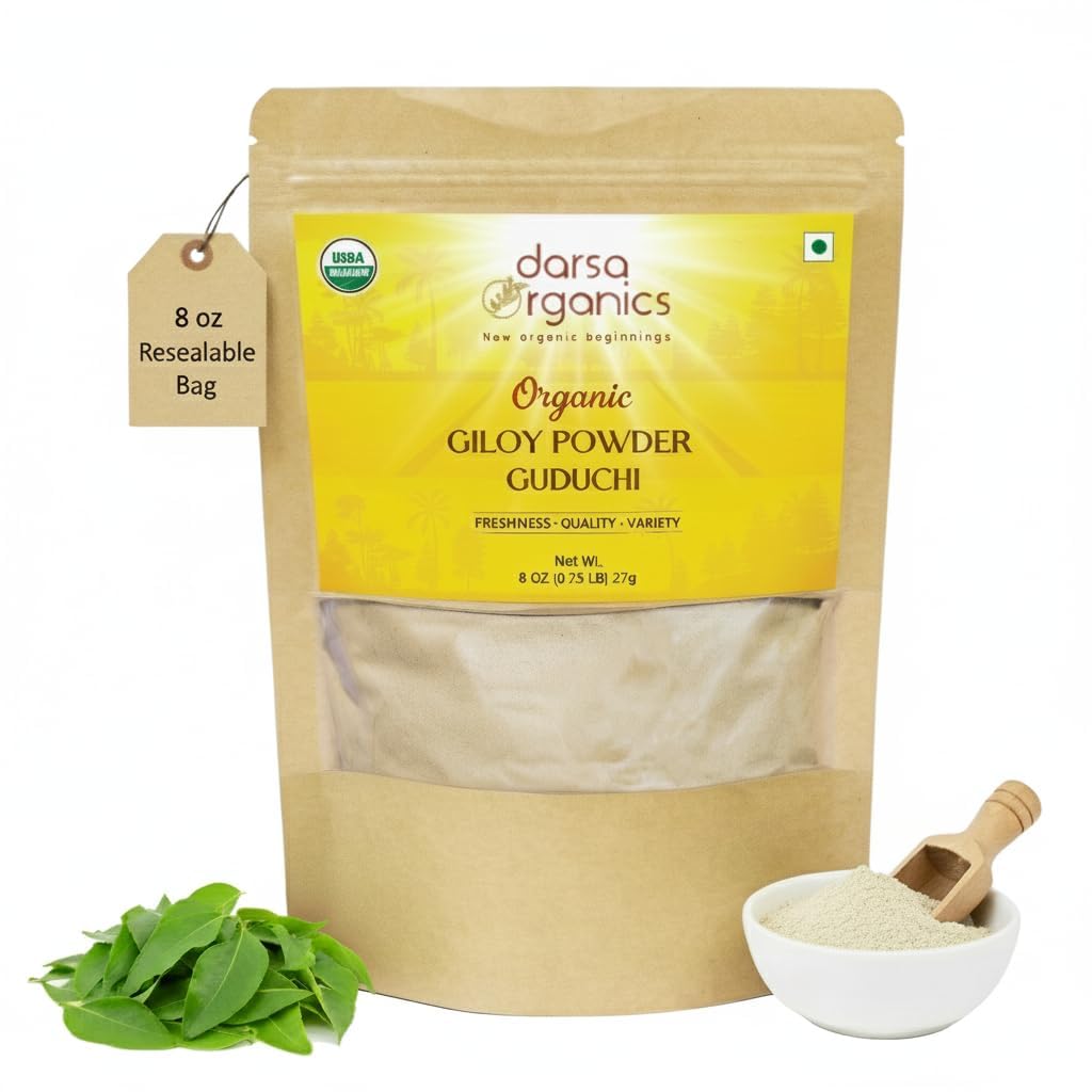 Geloy Powder 8 oz - Premium USDA Bio Guduchi Poudre (Tinospora Cordifolia), Herbe ayurvédique pour l'immunité et le bien-être, Thé et Recettes à base de plantes, Non-OGM, Kosher, Vegan, Pochette refermable