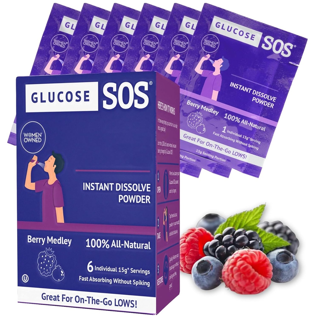 Glucose SOS Glucose Berry Medley Glucose Pulver, Natürliche Dextrose-Packets, schnell-Absorption, sofort löst, kein Wasser benötigt, 6 Beutel pro Box