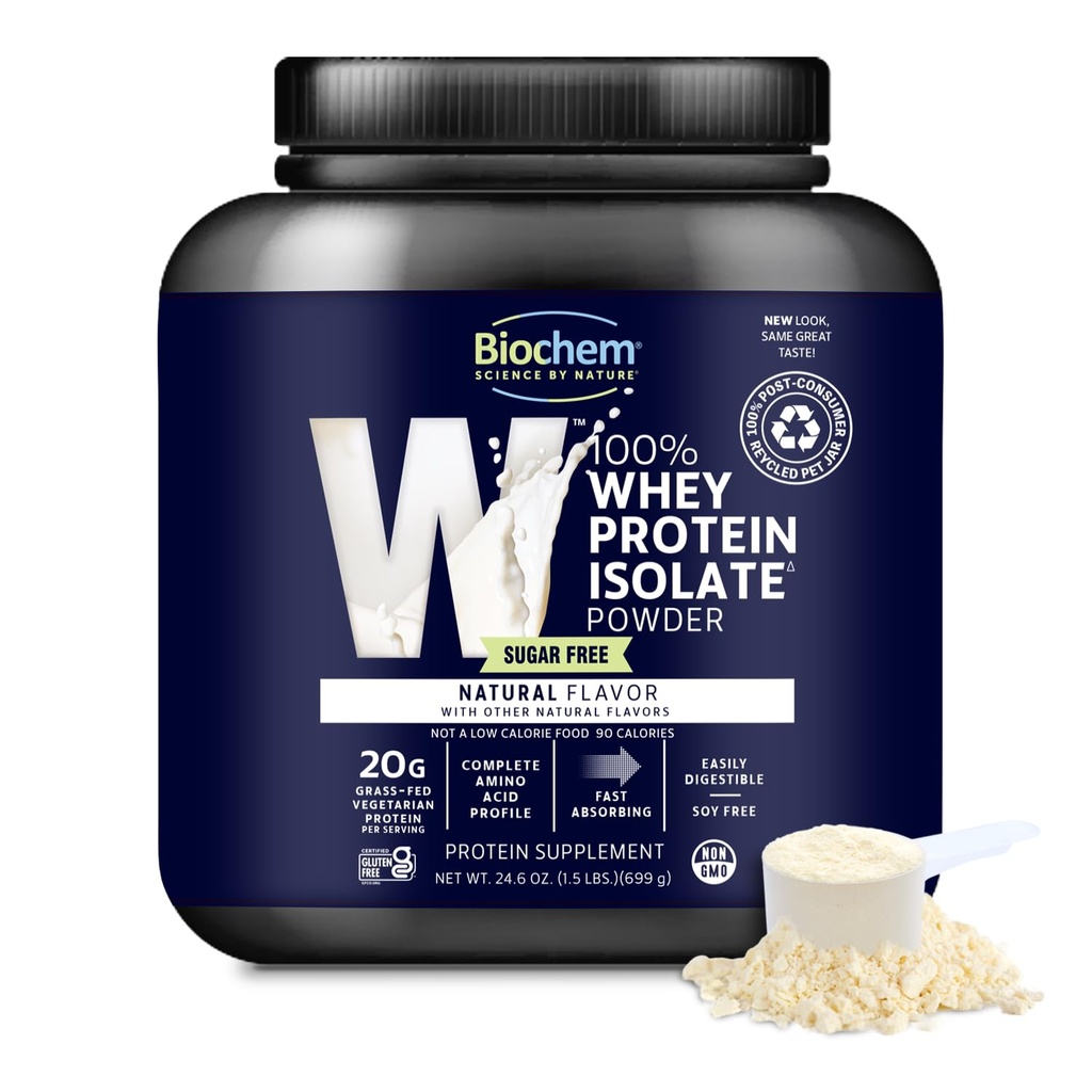 Biochem 100% Whey Isolate Protéine Poudre - Herbacé, Faible Carbure, Céto-Amis, Non-OGM, Sans gluten - Soutient la santé immunitaire et la récupération musculaire 20g Protéine végétarienne par portion - Saveur naturelle,1,5lb