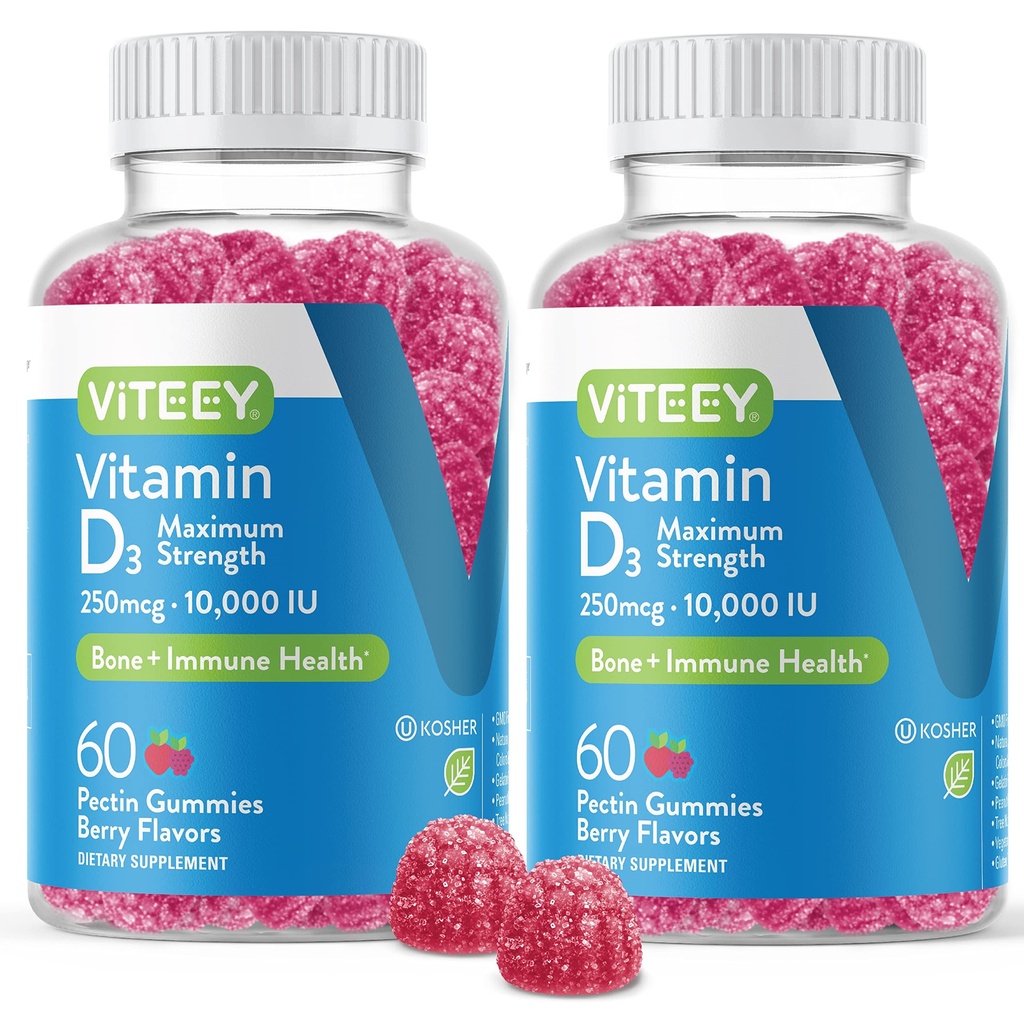 VITEEY Gommies Vitamine D3 pour adultes et adolescents - 10 000 UI, 250 mcg, résistance maximale - Santé des articulations et des muscles, amélioration immunitaire - Gommies Vitamine D à croquer - Végétarien, Sans gélatine - Aromatisé aux baies savoureux