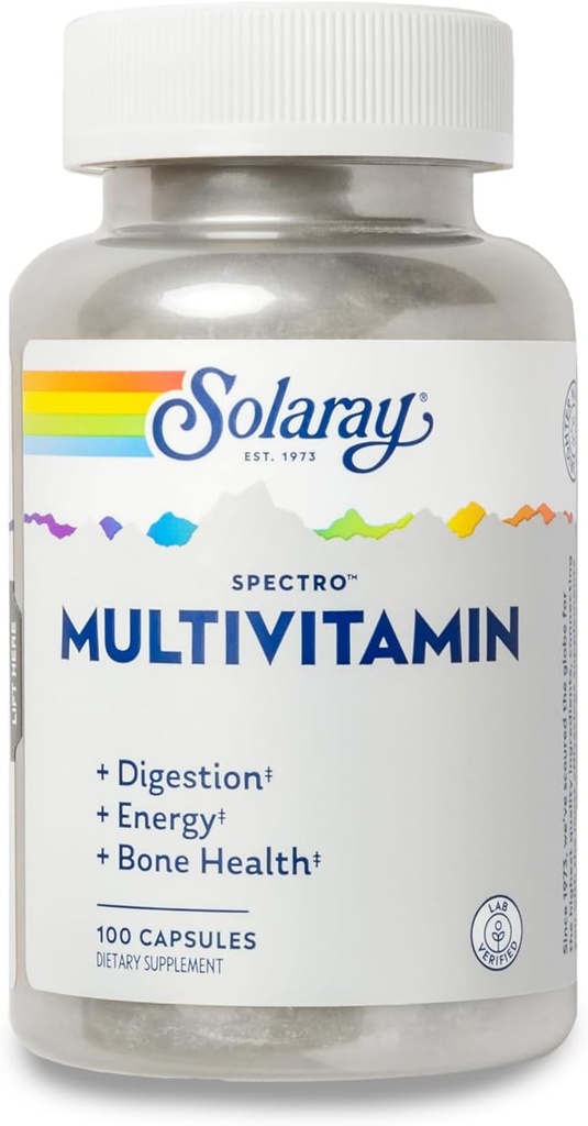 SOLARAY Spectro Multivitamin with Iron - Multi Vitamin with Calcium, Magnesium, Energizing Greens, Herbs & Digestive Enzymes - Digestion, Energy, and Bone Health Support - 16 Servings, 100 Capsules