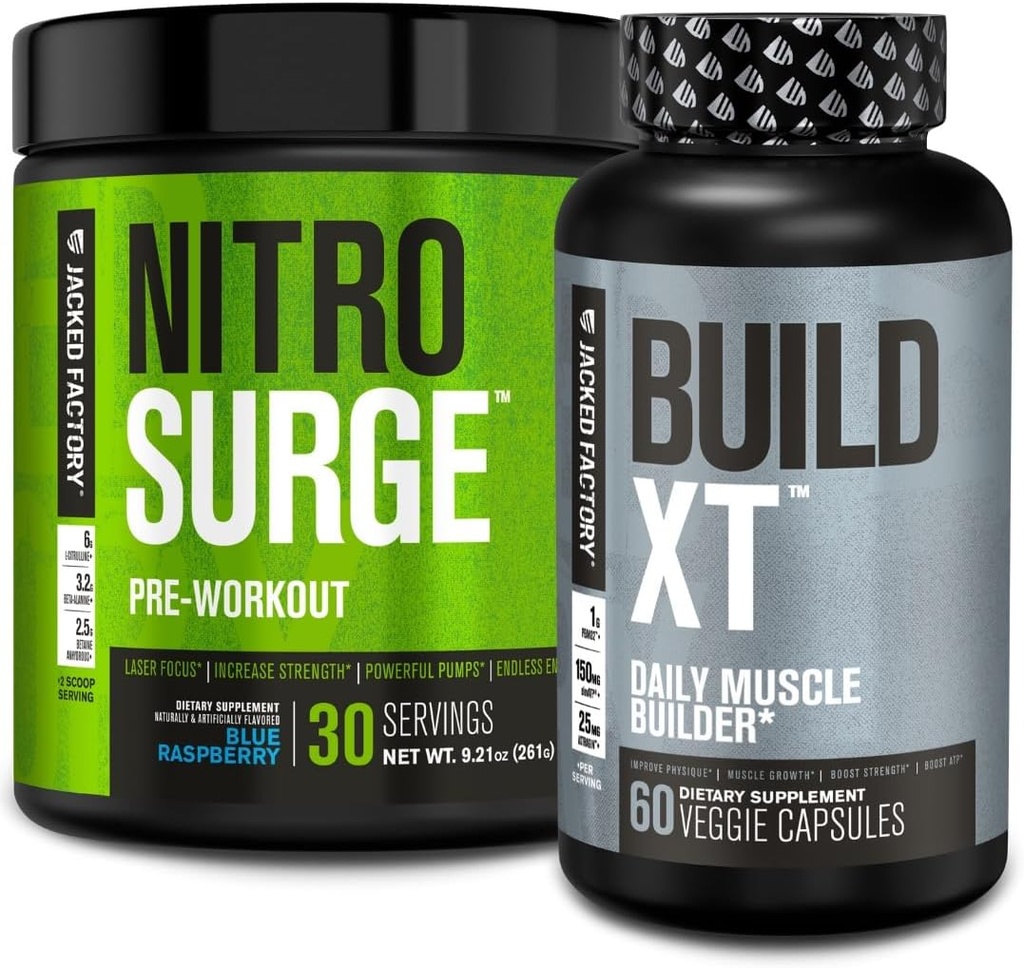 Usine Jacked Nitrosurge Pré-entraînement en framboise bleue et construire XT Muscle Building Bundle pour hommes et femmes