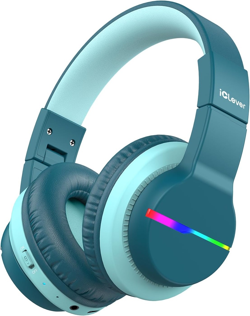 iClever BTH12 Casques Bluetooth pour enfants, lumières LED colorées Casques sans fil pour enfants, 74/85dBA Volume de sécurité,85H Playtime,Bluetooth 5.2, Casques d'oreille supérieur Mic intégré pour iPad/Tablet/Airplane, Vert