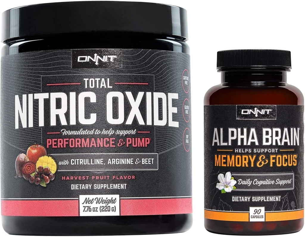 ONNIT Nootropic + Preworkout Stack - Alpha Brain (90ct) + Total Nitric Oxid (Harvest Fruit)