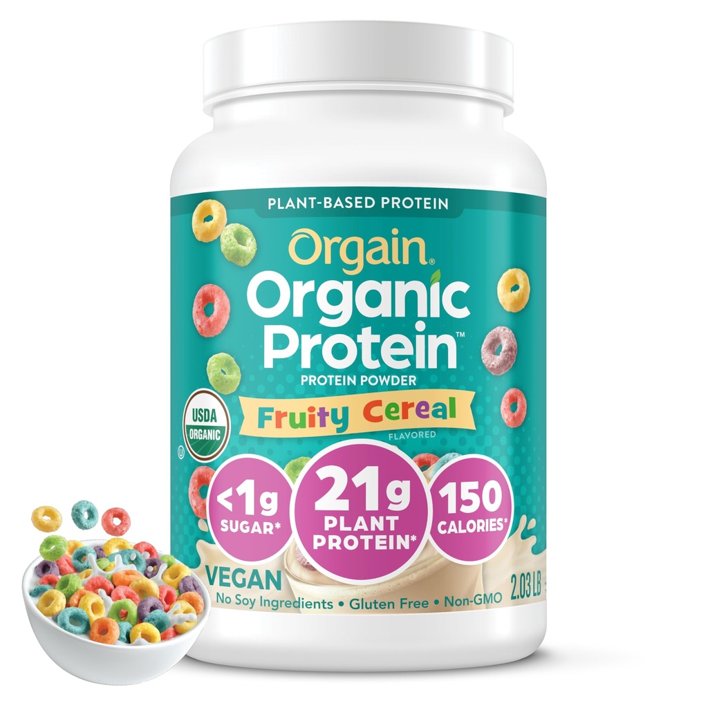 Orgain Organic Vegan Protein Powder, Fruity Cereal - 21g Pflanzenbasiertes Protein, 8g Prebiotic Fiber, Low Net Carb, No Lactose Ingredients, No Added Sugar, Non-GMO, Für Shakes & Smoothies, 2.03 lb