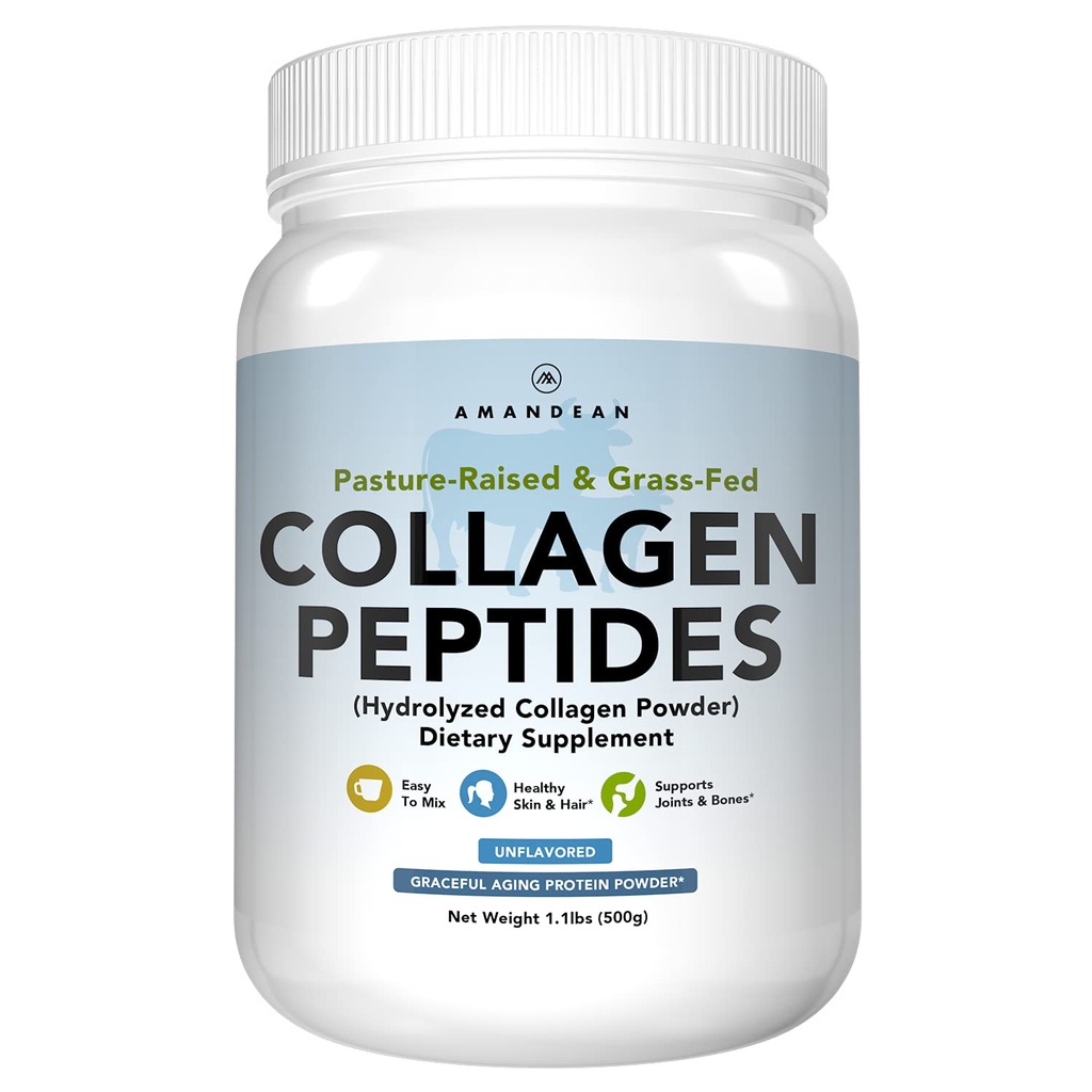 Poudre de peptides de collagène d'AMANDEAN (17,6 oz). Supplément protéinique hydrolysé alimenté par l'herbe. Promotion des articulations saines, de la peau, des cheveux, des ongles. Non aromatisé et facile à mélanger.