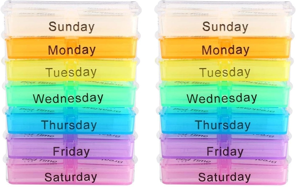 Pill Dispenser, 2 PCS Pill Organizer 4 Times a Day, 7 Day Pill Box Portable Travel Pill Case Stackable Compartments Personal Medicine Organizer for Vitamins Fish Oils Pills Supplements
