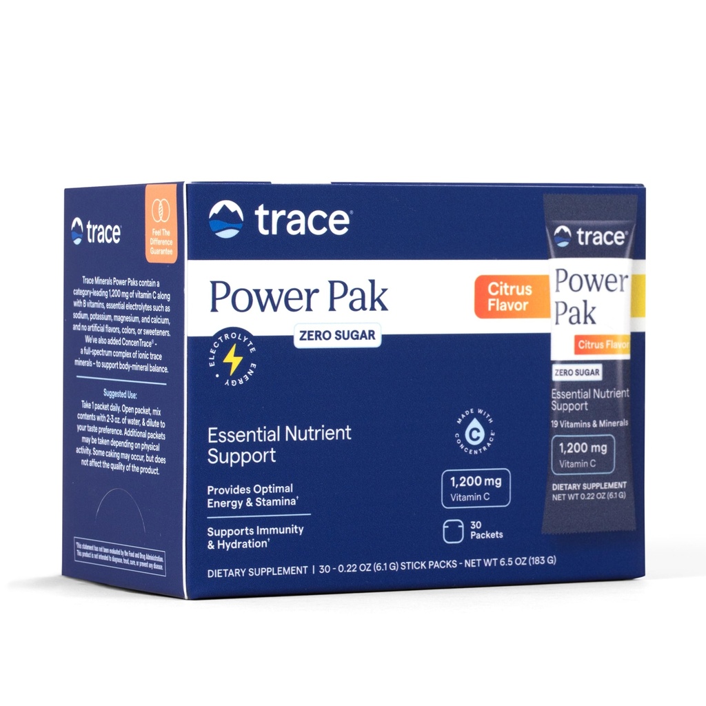 Trace Minerals Power Pak Multivitamin und Multimineral Packets - Elektrolytunterstützung - 1200 mg Vitamin C Plus 70 Sugar Free - Citrus Flavor - 30 Packungen