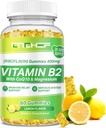 Vitamin B2 Gummi für Erwachsene & Kinder - Riboflavin 400mg Beilage mit Magnesium Glycinat & CoQ10, Unterstützung Migraine Relief & Nervous System, Boost Energy, Sugar Free Vegan B2 Gummis Zitronen Flavor