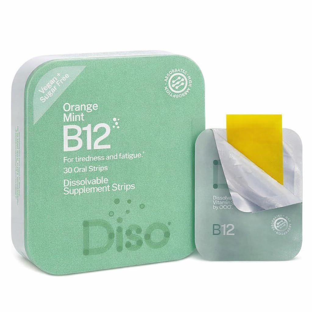 DISO - Vitamin B12 - Fast-Dissolving Oral Strips, für Reifen und Müdigkeit, Orange Minz Flavor, Vegan, Zuckerfrei, maximale Absorption, Glutenfrei, Individuell Wrapped, 30 Dissolvable Strips