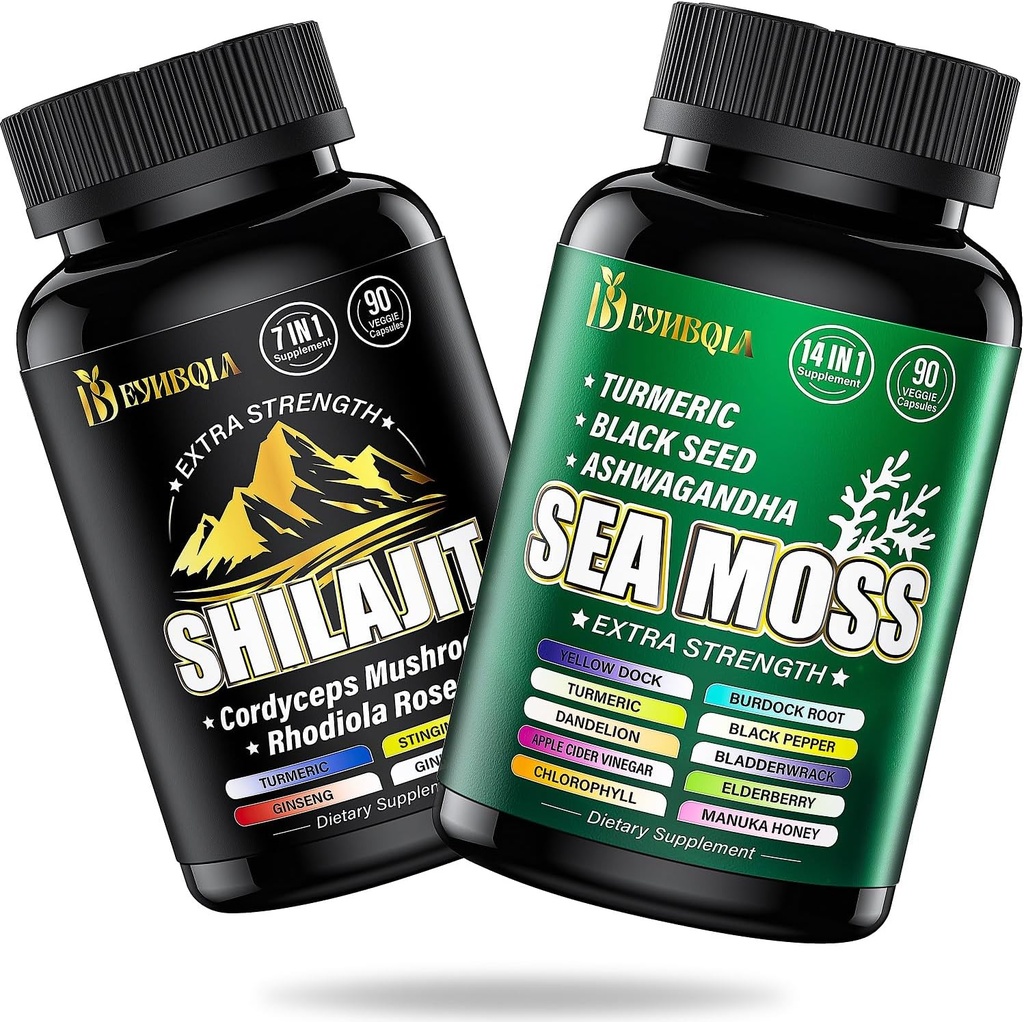 Bougie de mousse de mer et shilajit - Compte 90AD - Moss de mer, huile de graines noires, Ashwagandha, Turmeric & Shilajit, Rhodiola Rosea, Burdock, Bladderwrack 21 en 1 Suppléments (2 paquets)