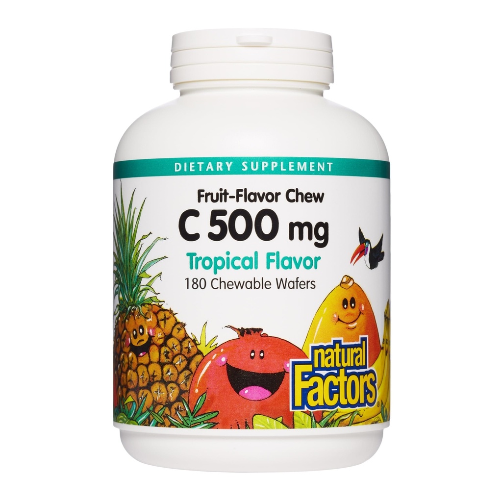 Natürliche Faktoren, Kinder Kaubares Vitamin C 500 mg, unterstützt Immungesundheit, Knochen, Zähne und Zahnfleisch, Tropical, 180 Count (Pack von 1)