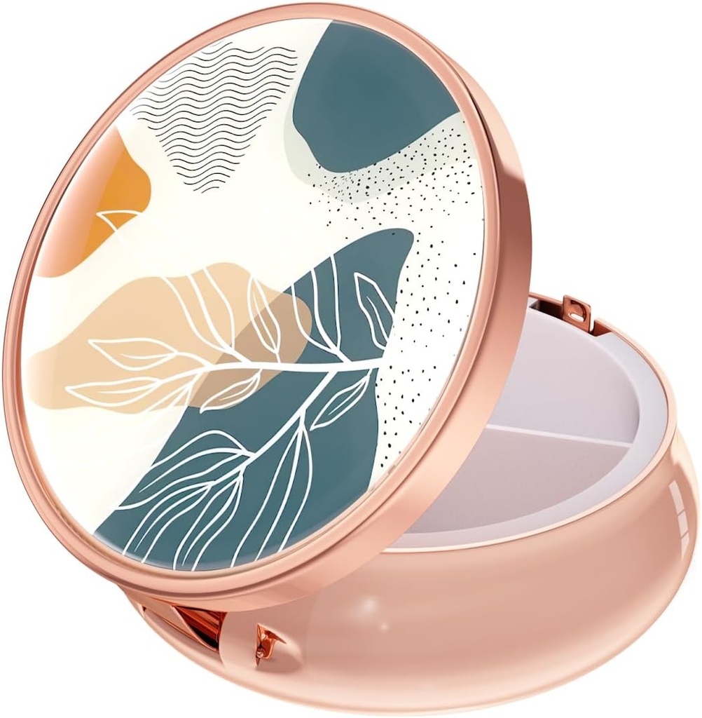 Rouidr Pill Box, 3 Compartment Medicine Pill Case, Small Metal Travel Medicine Box für Geldbörse & Tasche, Rose Gold, Abstract Boho Leaf