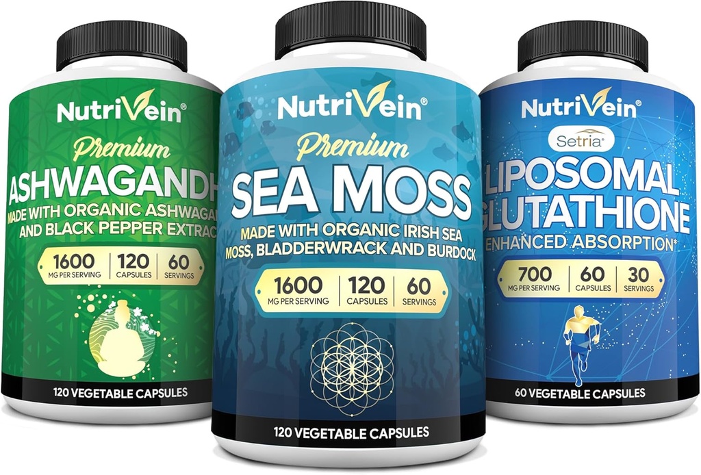 Nutrivein Premium Irish Sea Moss Capsules, Ashwagandha und Liposomal Glutathione Supplement Bundle: Sea Moss, Reduzierte Glutathione, & Ashwagandha Ergänzungen für Immunität, Stimmung, Verdauung, & Detox