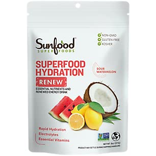 Sunfood Superfood Hydration Erneut Kokoswasserpulver, Elektrolytpulver mit Zitronen, Meersalz & Minerals, Clean Organic Electrolyte Drink Mix - 8 oz Bag