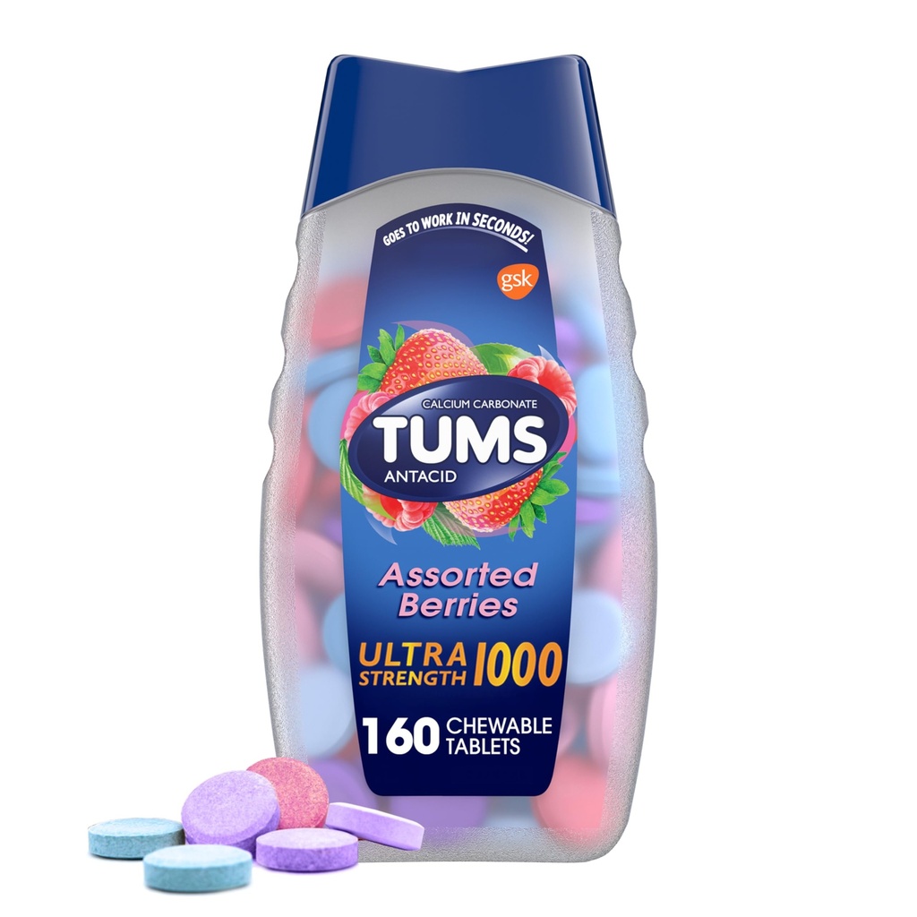 TUMS Ultra Strength Chewable Antacid Tabletten für Sodbrennentlastung und Säureindigestion Relief, sortierte Beeren - 160 Zähler