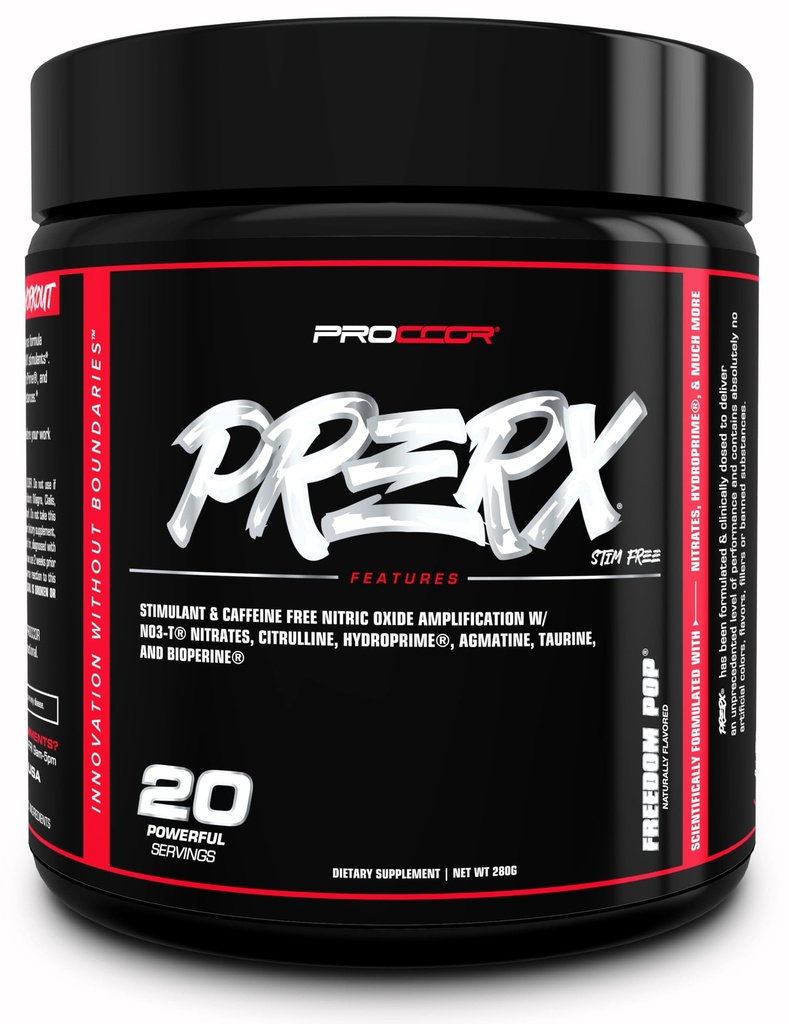 PreRx Caféine Version gratuite - Entièrement dosé cliniquement, Scientifically Formulé Performance Pré entraînement avec des nitrates, naturellement aromatisé - 20 portions (Freedom Pop)