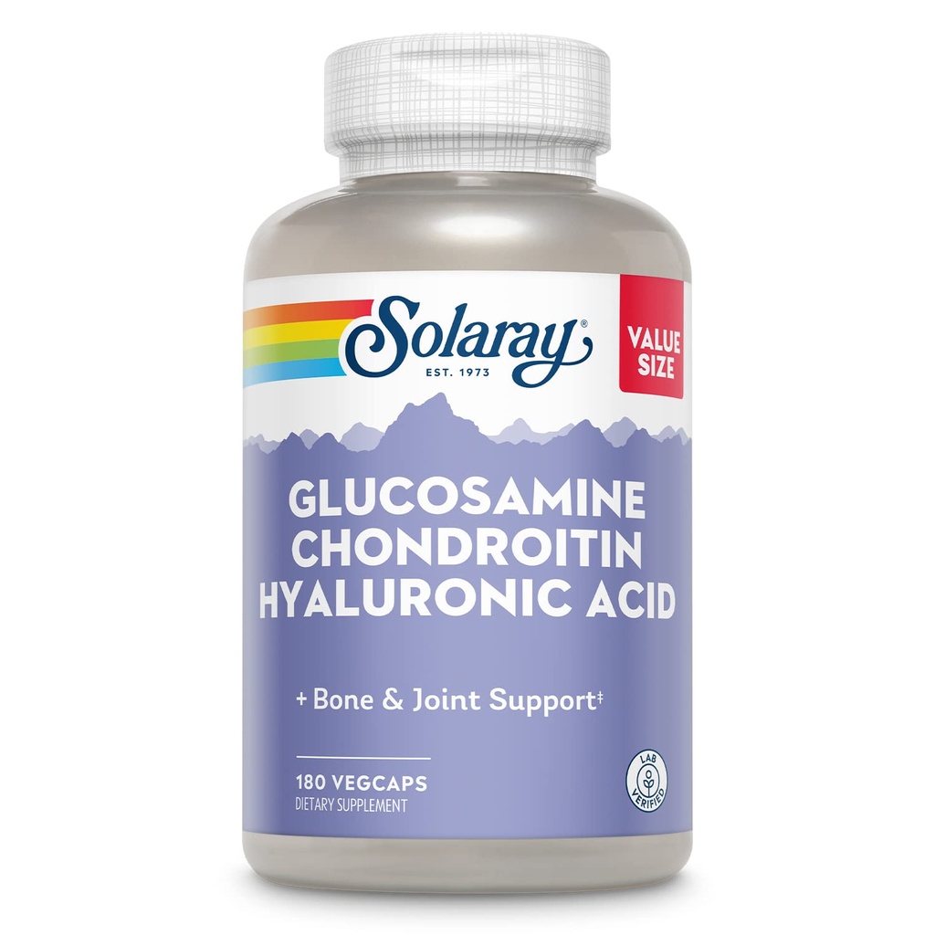SOLARAY Glucosamine Chondroïtine Acide hyaluronique, complément de soutien aux os et aux articulations sains plus vitamine C pour l'absorption améliorée, labo vérifié, garantie de 60 jours, 60 portions, 180 VegCaps
