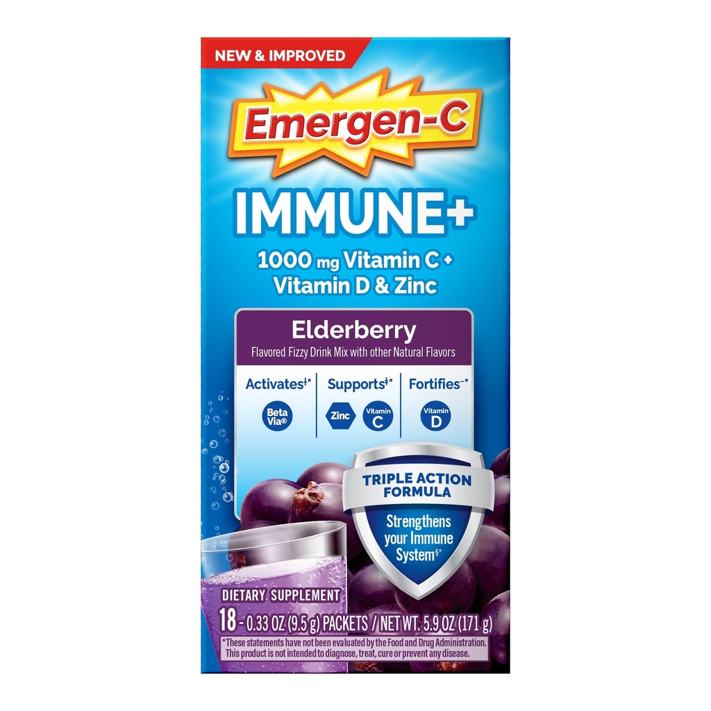Emergen-C Immune+ Triple Action Immune Support Powder, BetaVia (R), 1000mg Vitamin C, B Vitamine, Vitamin D und Antioxidantien, Elderberry, Zurück zu School Essentials – 18 Count