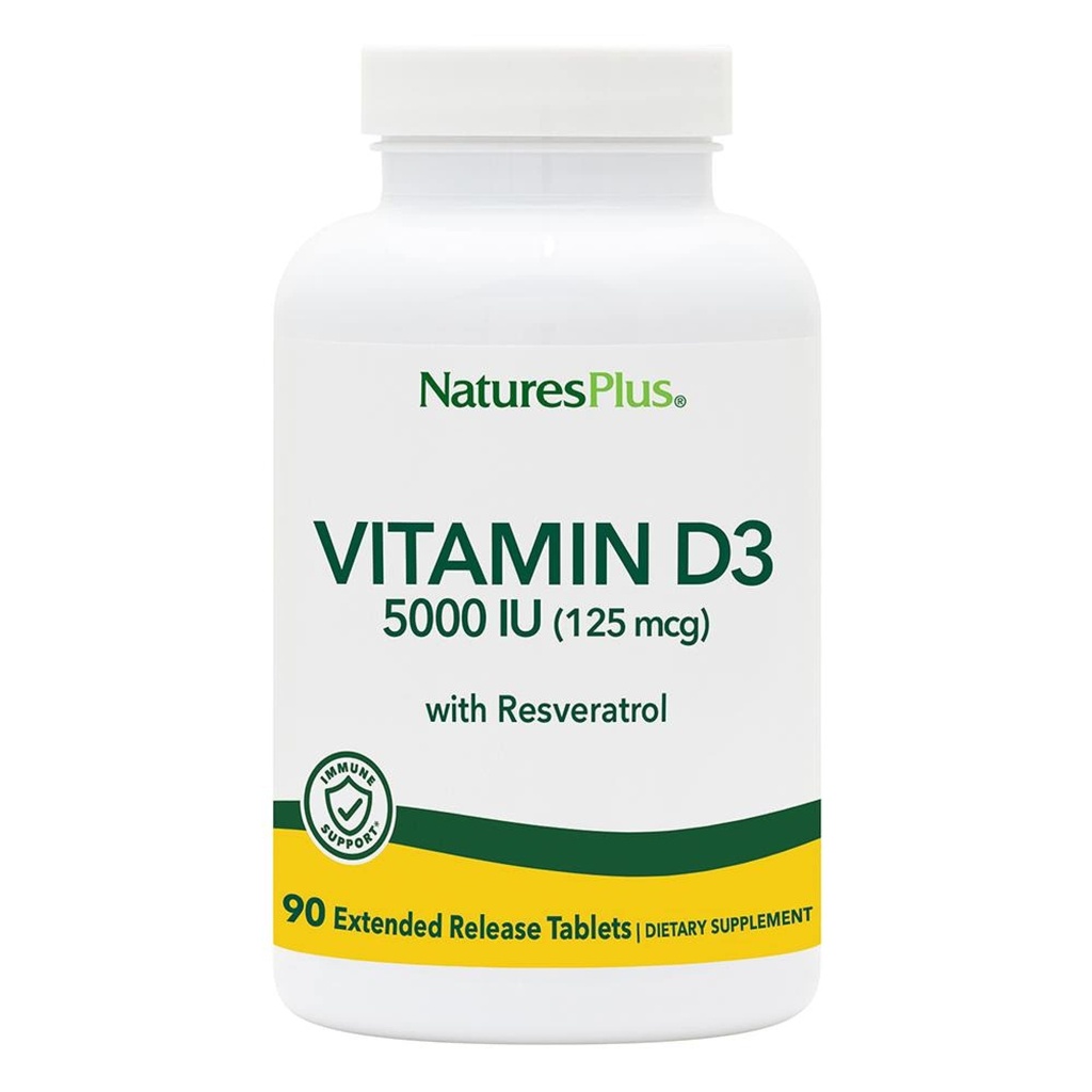 Natures Plus vitamine D3, libération prolongée - 90 comprimés végétaliens - 5000 UI + 25 mg Trans-Resvératrol - Santé du coeur et des os, système immunitaire, anti-âge - sans gluten - 90 portions