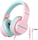 iClever HS19 Casques pour enfants avec Microphone pour l'école, Safe Volume Limited, Sur-Ear Girls Casques pour enfants avec Shareport, fil pliable pour iPad / Voyage (Pink)
