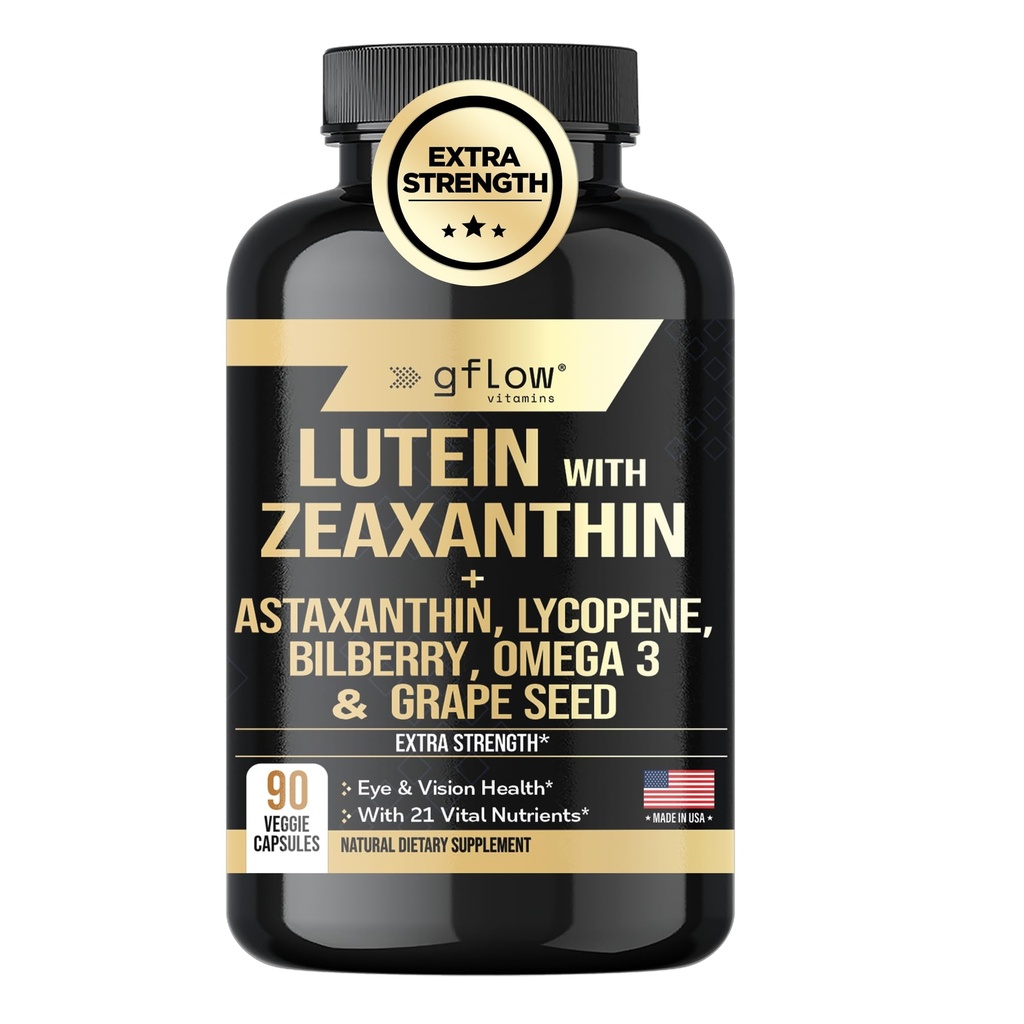 Suppléments de lutéine et de zéaxanthine - Vitamines oculaires avancées avec l'astaxanthine, Omega 3, Resvératrol, Bilberry, Lycopène, Quercetin, Ginkgo Biloba, Vitamine D.