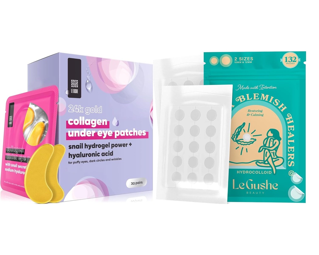 Le GUSHE Pimple Patchs pour visage (132 points) & Patchs sous les yeux (30 paires). Masque d'œil doré avec collagène et acide amino, soin de l'œil refroidi pour rides, yeux puants et cercles noirs