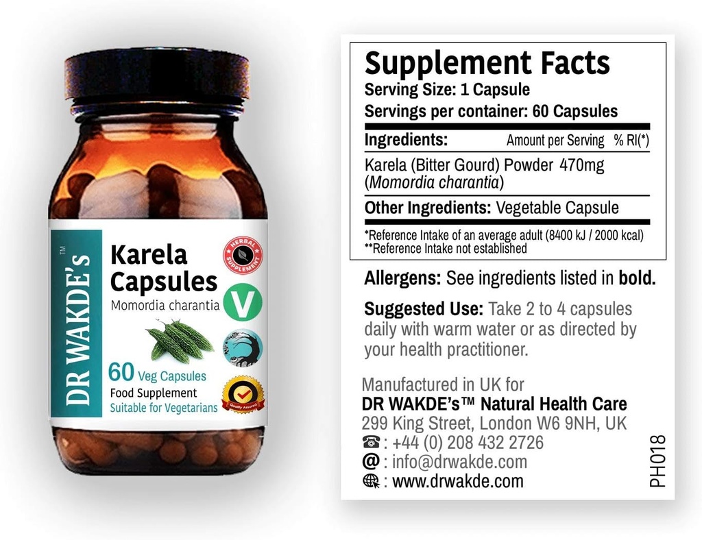 DR WAKDE'S Karela Capsules (Gourde, Melon Bitter, 60 capsules de légumes, supplément à base de plantes, Herbe ayurvédique, tout naturel, végétalien)