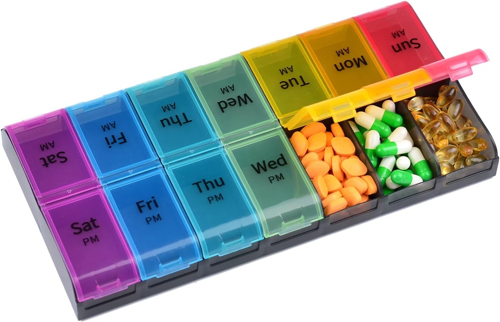 Large Capacity Weekly Pill Organizer, 7 Day 2 Times A Day Large Compartments Pill Cases, AM/PM BPA-Free Pill Box Design for Vitamins Fish Oil Supplements Arthritis Friendly (Rainbow)